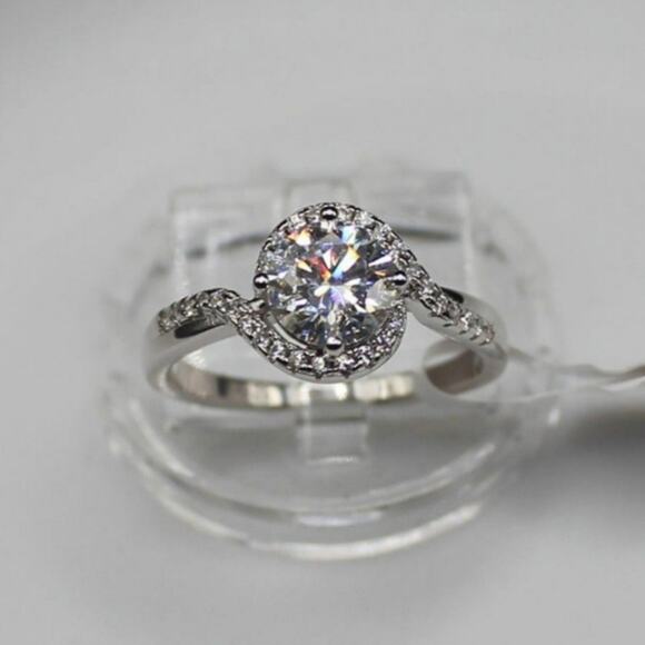 Moissanite Twist Band Engagement Ring Crystal Waves Halo Silver 7 NWT - Picture 2 of 10